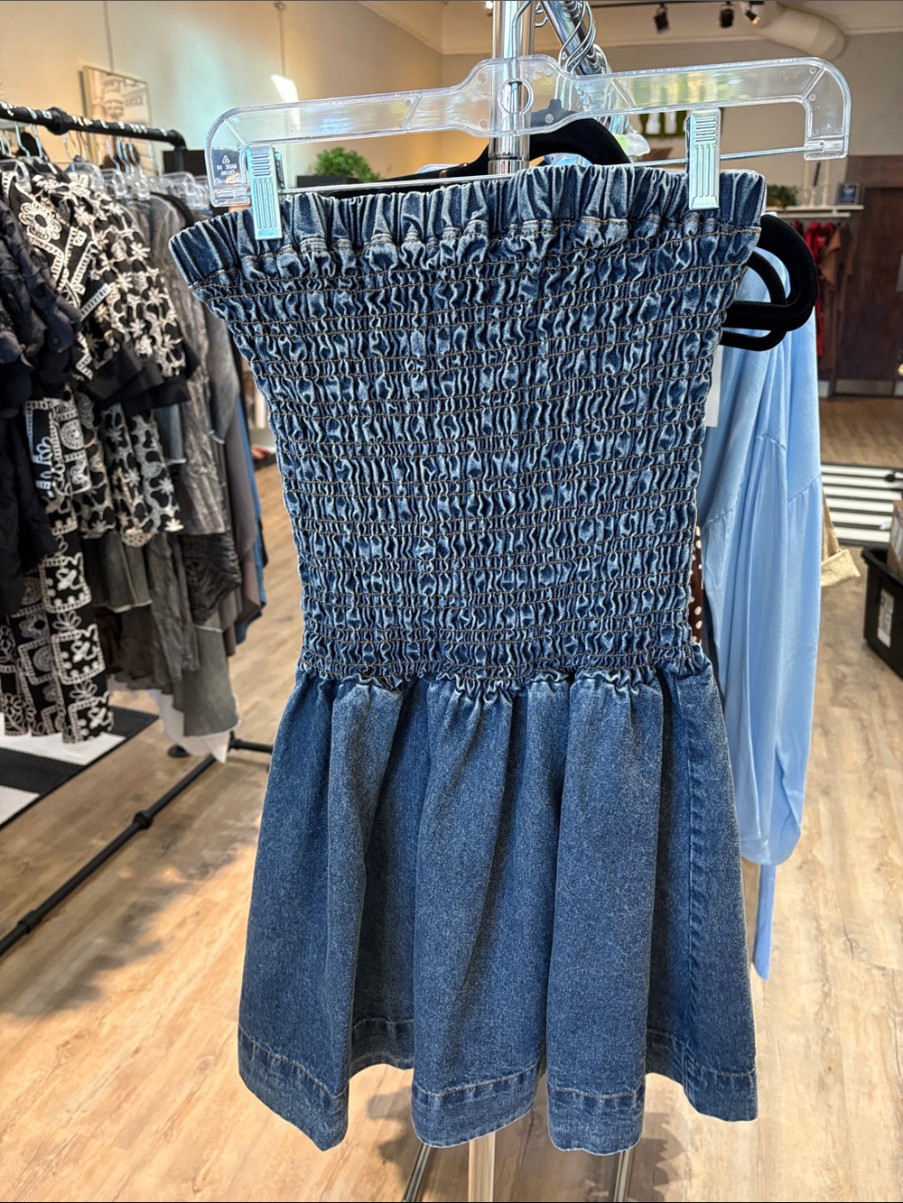 HYFVE Strapless Smocked Denim Dress in Blue